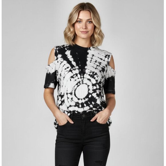 Toga Pulla Women's tie dye cold shoulder T-shirt , Black/ White, Size 38, US 2 - Picture 1 of 7